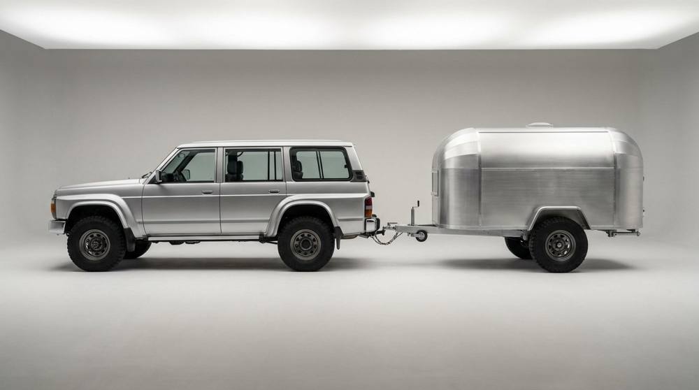 Silver SUV with barrel trailer